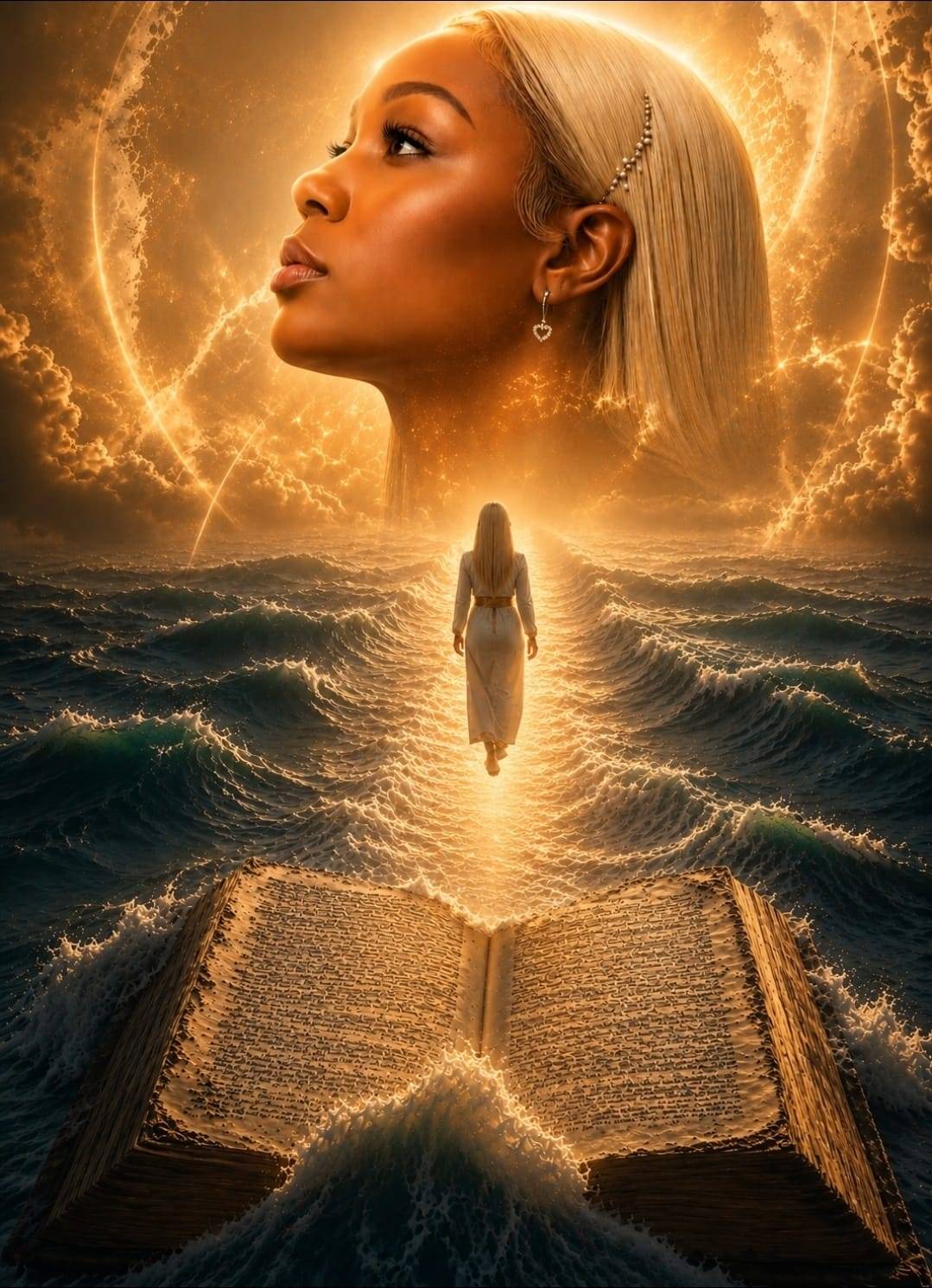 A woman of faith walking on water toward divine light, with an open Bible — charity and spiritual outreach